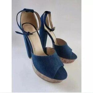 Nicole Miller Samantha Blue Denim Ankle Strap Open Toe Platform Shoes Size 9